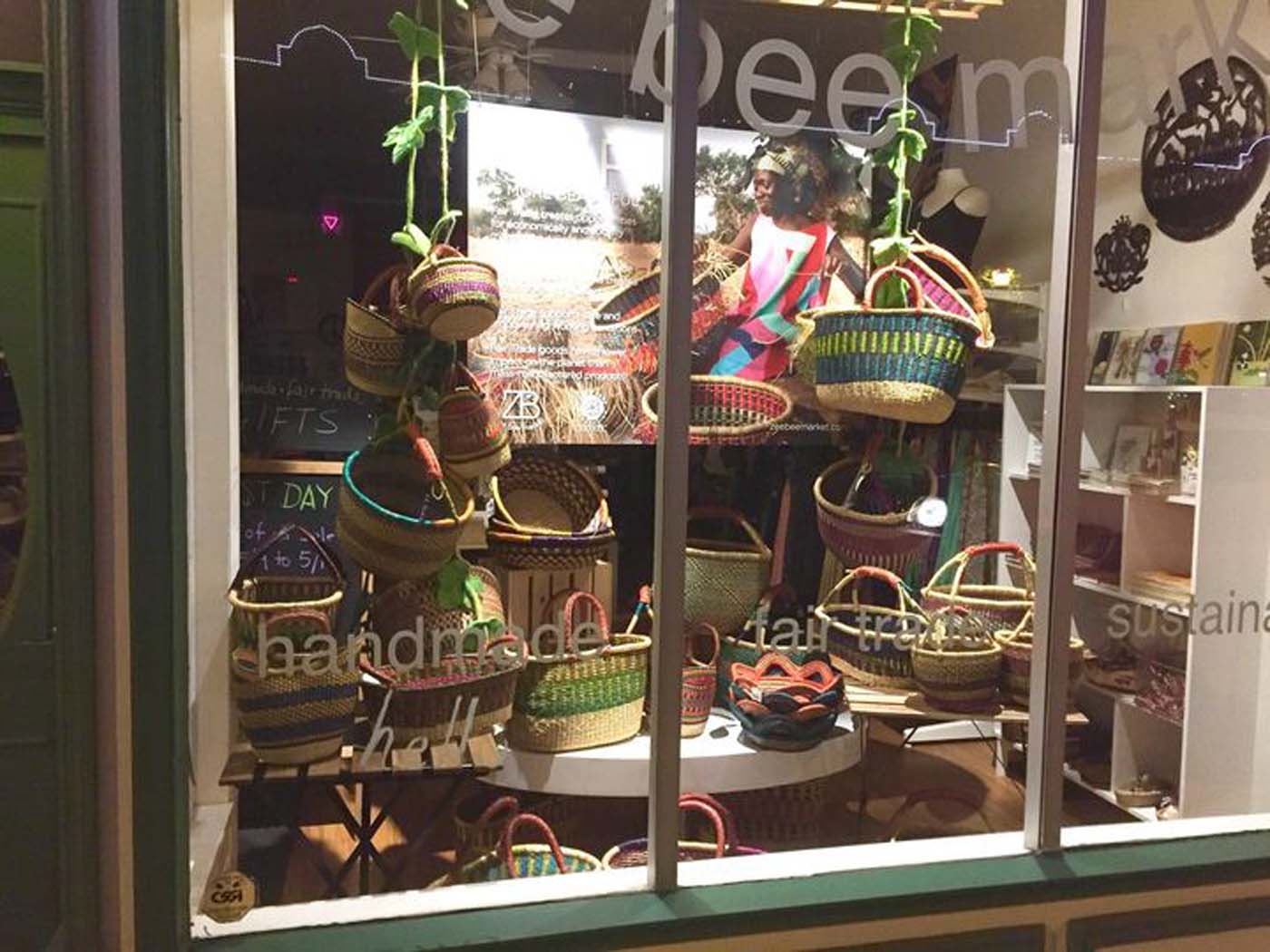 An attractive window display incorporating one of our free images of the weavers