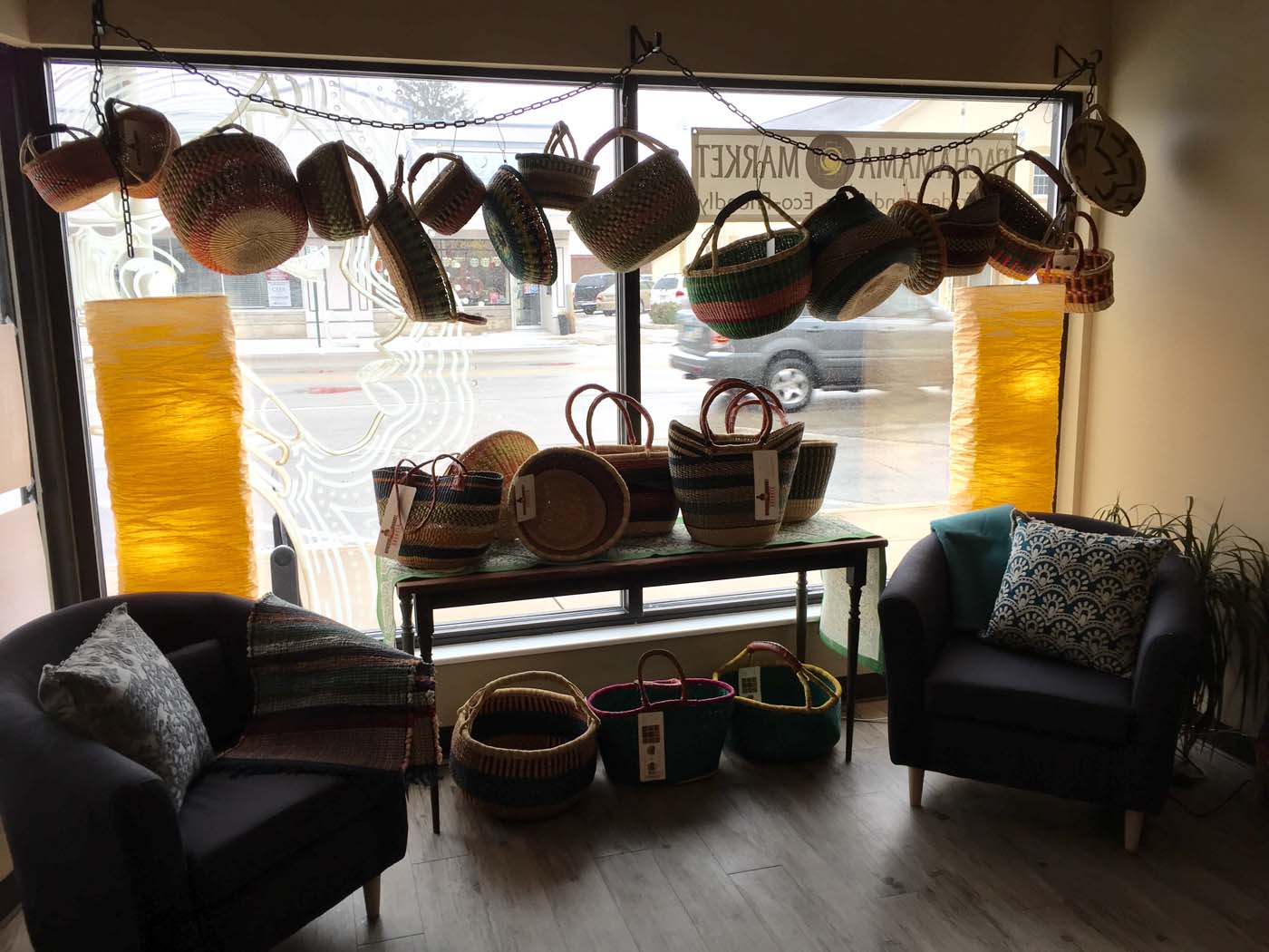 A horizontal window display that showcases the baskets