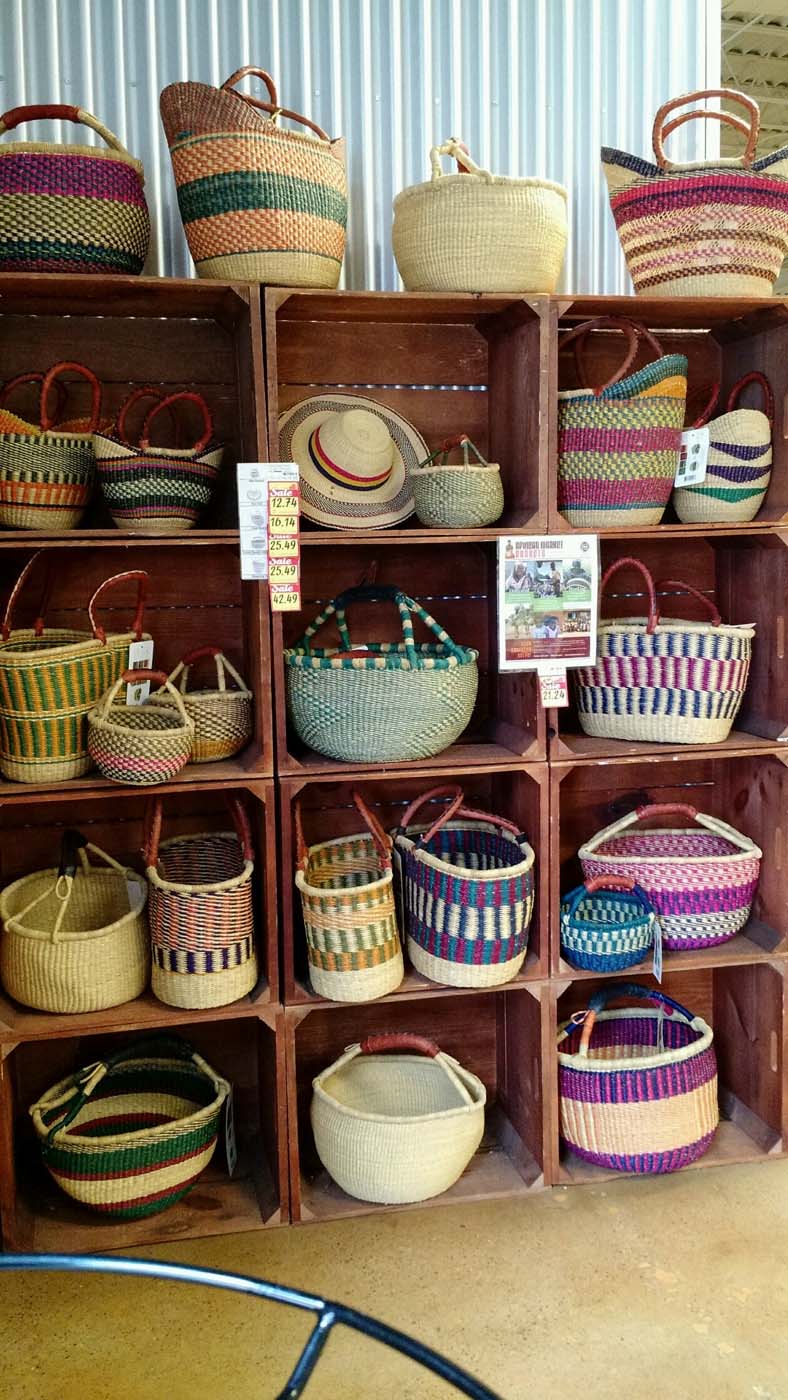 Wooden crates provide a perfect backdrop for baskets