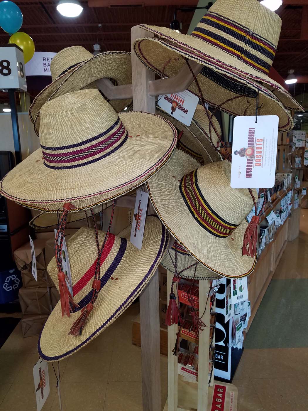 Bolga hats can be hung easily on existing displays
