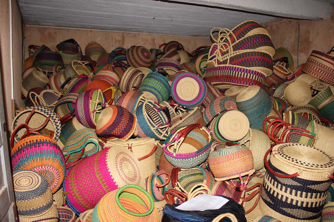 Storage of baskets at our Bolga warehouse
